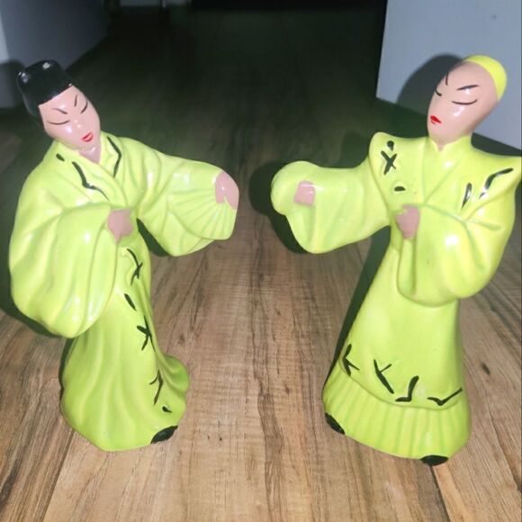 Vintage Asian Ceramic Couple Figurines Green - Picture 1 of 11